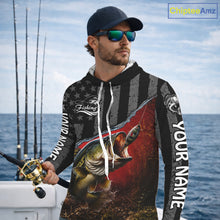 Load image into Gallery viewer, Gray Red Bass Custom Long Sleeve Hooded Fishing Shirts, American Flag Patriotic Bass Fishing Jerseys NHT972
