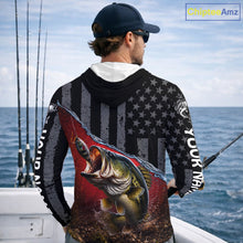 Load image into Gallery viewer, Gray Red Bass Custom Long Sleeve Hooded Fishing Shirts, American Flag Patriotic Bass Fishing Jerseys NHT972