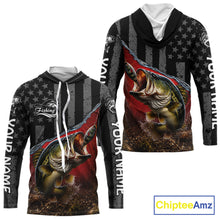 Load image into Gallery viewer, Gray Red Bass Custom Long Sleeve Hooded Fishing Shirts, Bass Fishing Jerseys