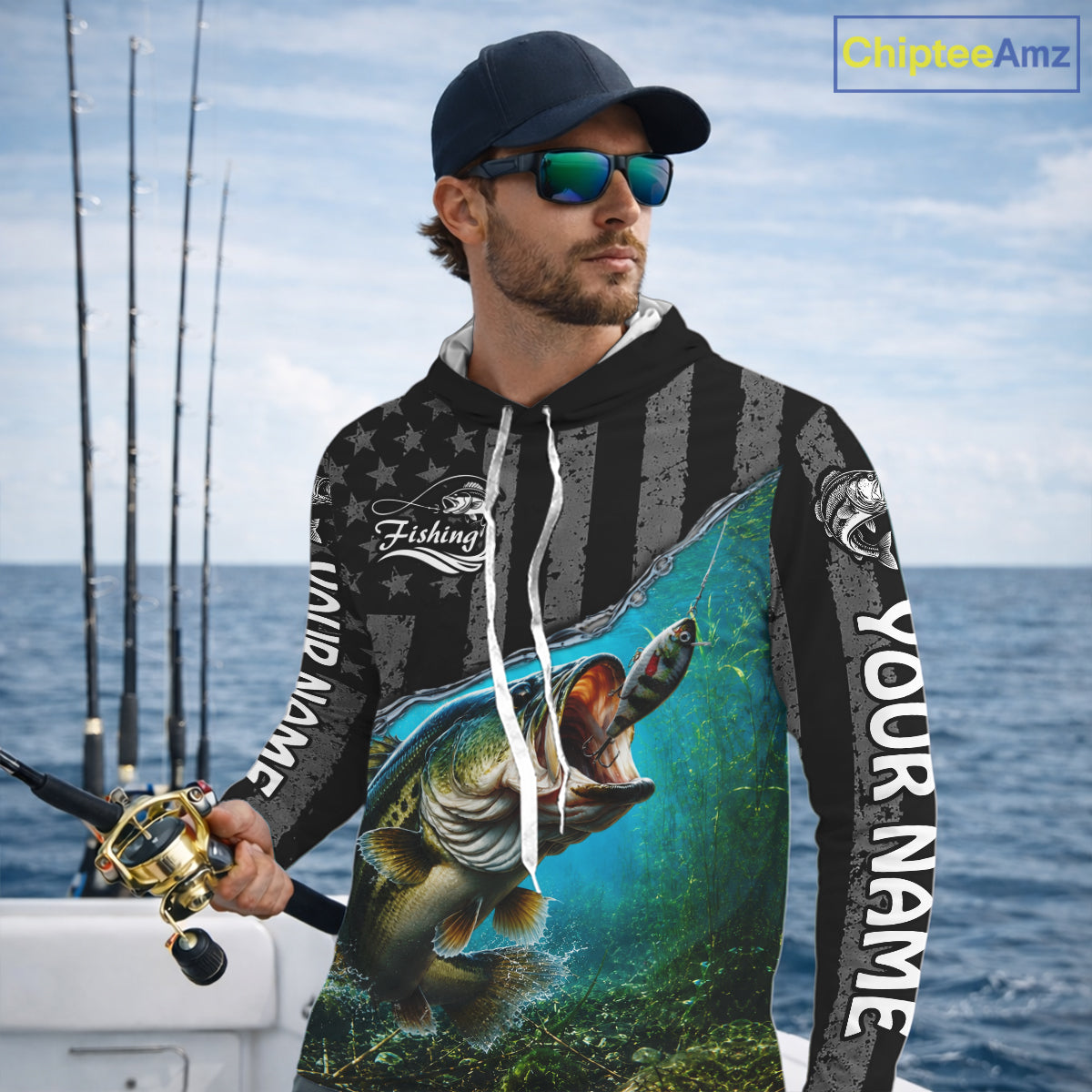 Gray Blue Bass Custom Long Sleeve Hooded Fishing Shirt, American Flag Patriotic Bass Fishing Jerseys NHT973