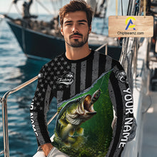 Load image into Gallery viewer, Gray Green Bass Custom Long Sleeve Fishing Shirt, American Flag Patriotic Bass Fishing Jersey NHT974