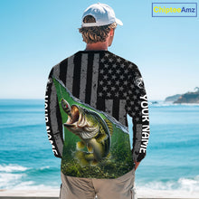 Load image into Gallery viewer, Gray Green Bass Custom Long Sleeve Fishing Shirt, American Flag Patriotic Bass Fishing Jersey NHT974