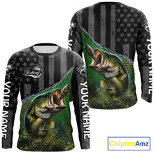 Load image into Gallery viewer, Gray Green Bass Custom Long Sleeve Fishing Shirts, Bass Fishing Jerseys