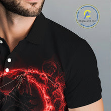 Load image into Gallery viewer, Black polo shirt with a red and black design on a gray background