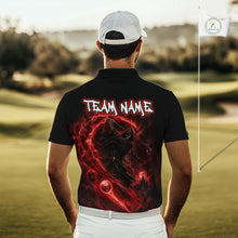 Load image into Gallery viewer, Man wearing a black polo shirt with red graphics and 'TEAM NAME' text on a golf course.