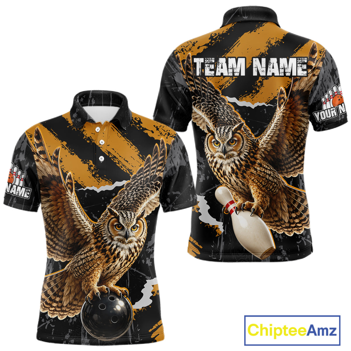 Custom short-sleeve polo shirt shown from the front and back, featuring a detailed graphic of a great horned owl holding a bowling ball and pin, with a black and distressed gold background and customizable text placeholders.