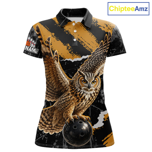 A short-sleeve polo shirt with a realistic owl and bowling ball graphic print on a black and gold background, shown on a white background with a 'ChipteeAmz' logo in the top right corner.