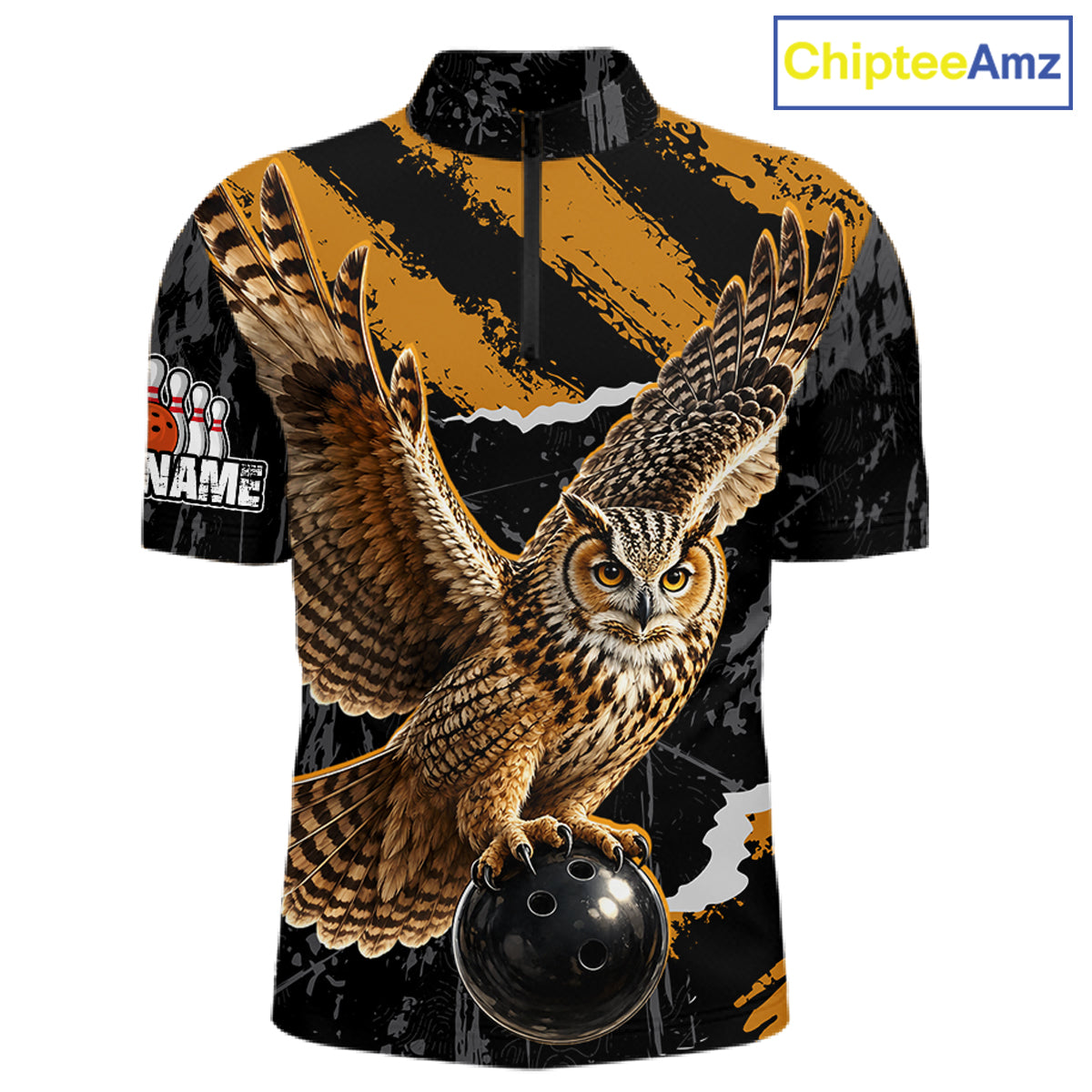 A short-sleeve cycling jersey with a bold graphic print of a large owl holding a black bowling ball, set against a black and gold brushstroke pattern. The jersey has a mock neck, a short zipper at the collar, and customizable text placeholders on the sleeves.