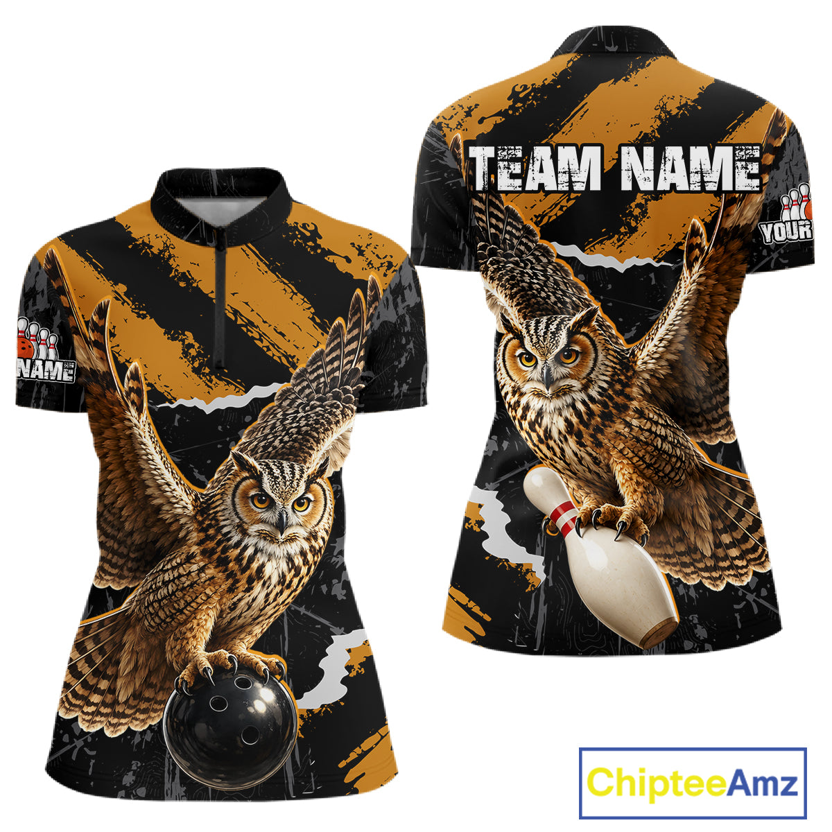 Custom short-sleeve athletic jerseys shown from the front and back, featuring a detailed owl graphic with a bowling ball and bowling pins on a black and orange striped background. The front has a half-zip collar, and the back displays 'TEAM NAME' and 'YOUR COLOR' text placeholders.