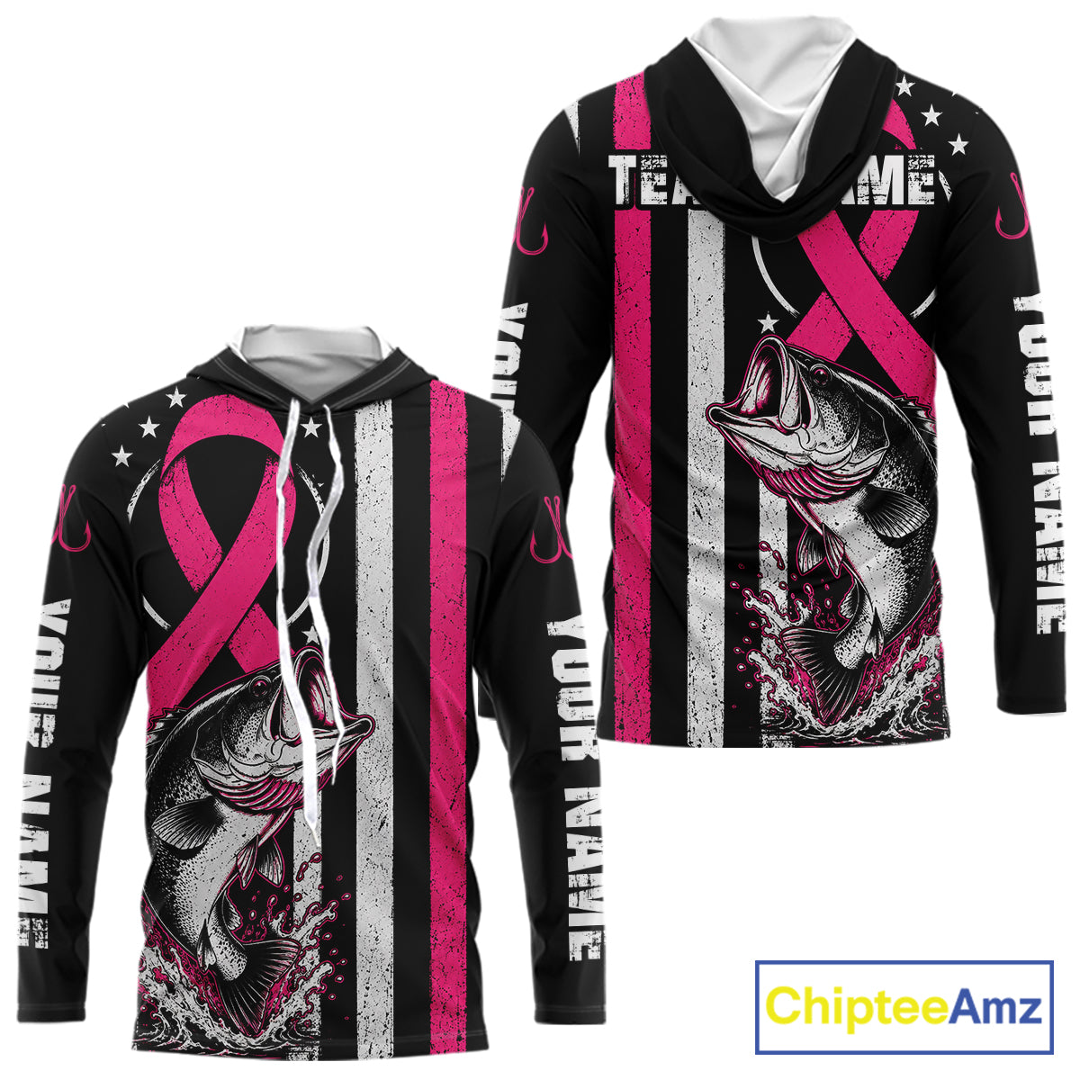 Front and back views of a black long-sleeve hoodie with a pink and white striped design, a large fish graphic, and customizable white text on the sleeves and chest, shown on a white background with a ChipteeAmz logo in the corner.