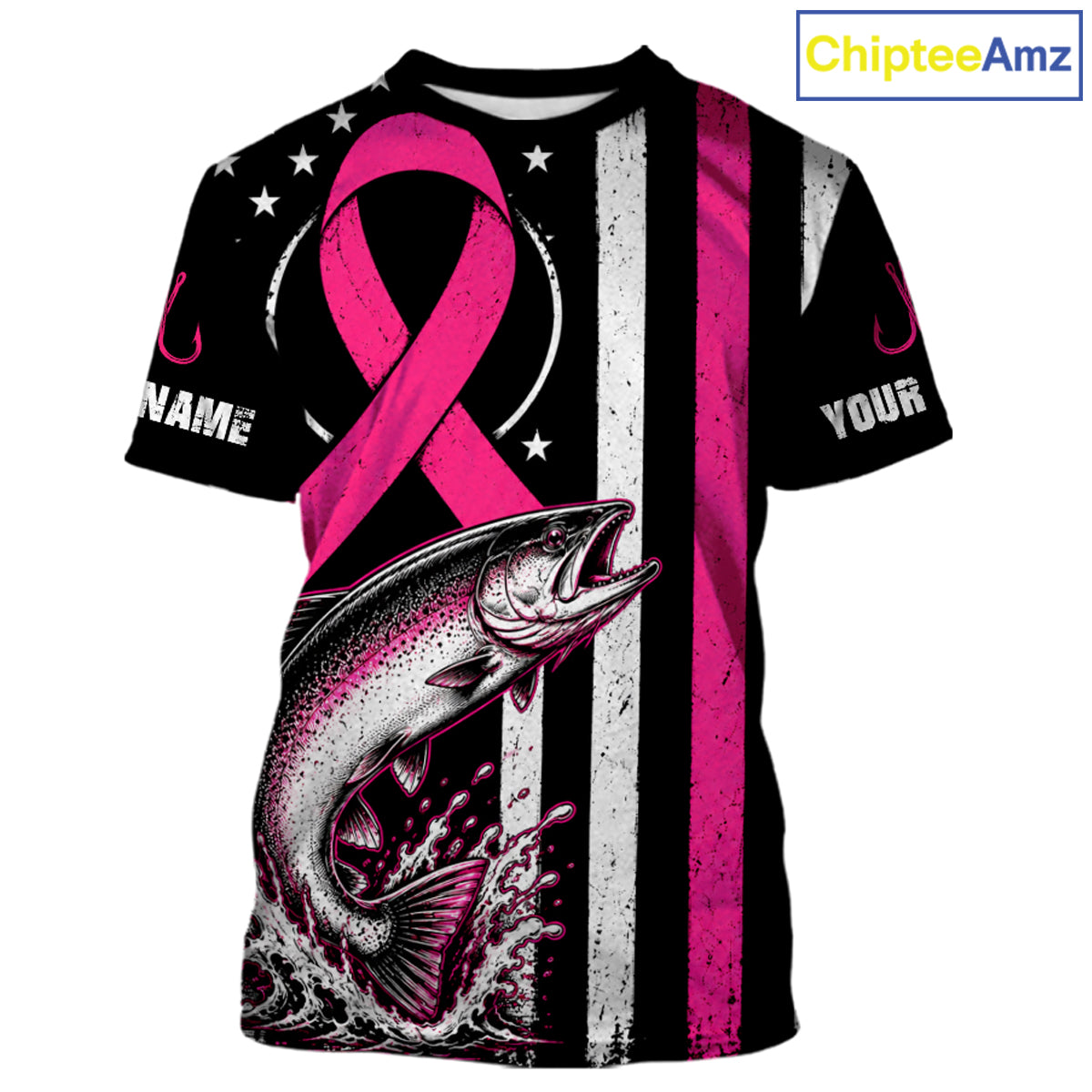 A customizable black short-sleeve t-shirt featuring a pink awareness ribbon, a leaping salmon graphic, and vertical distressed white and pink stripes. The shirt includes placeholder text 'NAME' and 'YOUR' on the sleeves, and a 'ChipteeAmz' logo is visible in the top right corner.