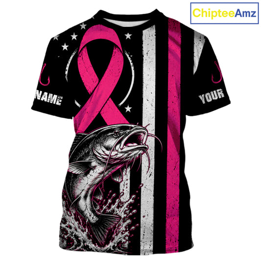 A customizable short-sleeve t-shirt featuring a pink awareness ribbon, a large fish graphic, and vertical black, white, and pink stripes. The shirt includes placeholder text 'NAME' and 'YOUR' on the sleeves, and a 'ChipteeAmz' logo is visible in the top right corner.