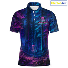 Load image into Gallery viewer, Mens Disc Golf Polo Shirt Custom Forest Neon Disc Golf Basket, Personalized Disc Golf Shirts NHT837