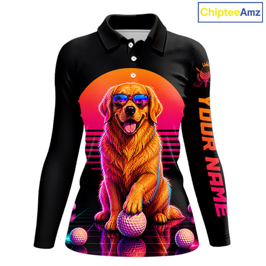 Personalized Golden Retriever Womens Golf Polo Shirt – Vintage Neon Golf Design