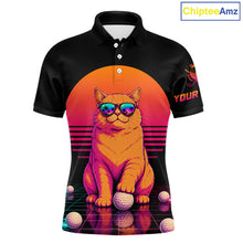Load image into Gallery viewer, Personalized Funny Cat Mens Golf Polo Shirt – Vintage Neon Golf Design