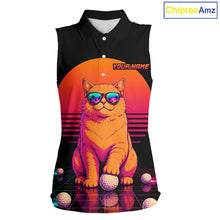 Load image into Gallery viewer, Personalized Funny Cat Womens Sleeveless Golf Polo Shirt – Vintage Neon Golf Design NHT992