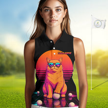 Load image into Gallery viewer, Personalized Funny Cat Womens Sleeveless Golf Polo Shirt – Vintage Neon Golf Design NHT992