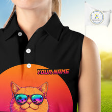 Load image into Gallery viewer, Personalized Funny Cat Womens Sleeveless Golf Polo Shirt – Vintage Neon Golf Design NHT992