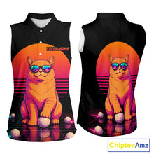 Load image into Gallery viewer, Personalized Funny Cat Womens Sleeveless Golf Polo Shirt – Vintage Neon Golf Design NHT992