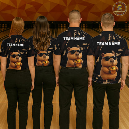 Funny Capybara Bowling Custom Polo Shirt, Quarter Zip Jersey, Personalized Team Name  NHT1158