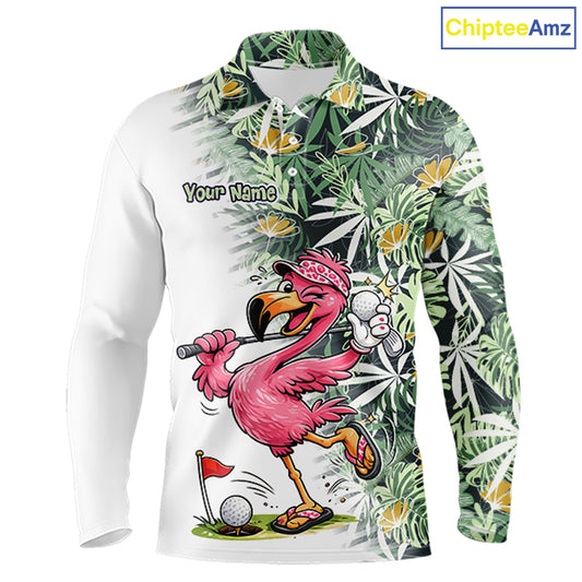 Funny Pink Flamingo Green Tropical Pattern Golf Polo Shirt Custom Golf Shirts For Men NHT648