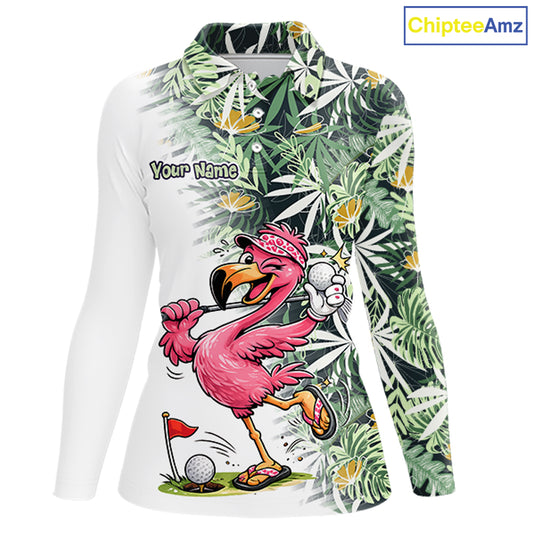 Funny Pink Flamingo Green Tropical Pattern Golf Polo Shirt Custom Golf Shirts For Womens NHT648