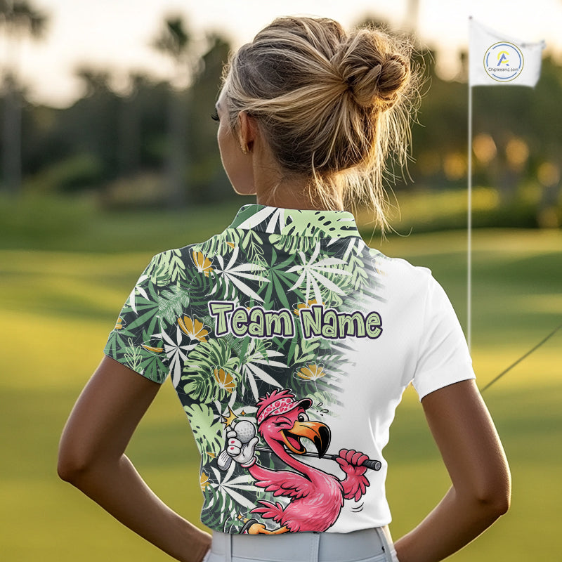 Funny Pink Flamingo Green Tropical Pattern Golf Polo Shirt Custom Golf Shirts For Womens NHT648
