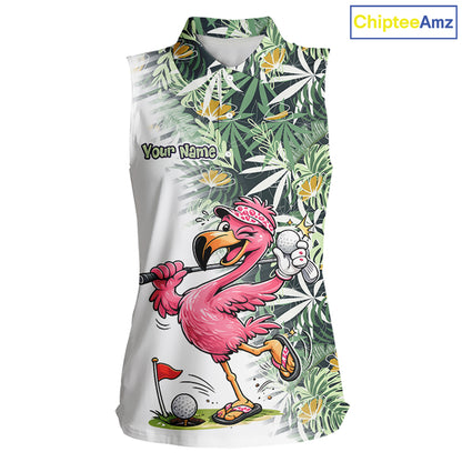 Funny Pink Flamingo Green Tropical Pattern Sleeveless Womens Golf Polo Shirt Custom Golf Shirts For Womens NHT648