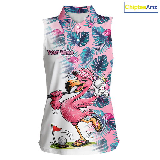 Funny Pink Flamingo Tropical With Pattern Sleeveless Womens Flamingo Golf Polo Shirt Custom Golf Shirts For Womens NHT649