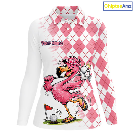 Funny Pink Flamingo Argyle Pink Pattern Golf Polo Shirt Custom Golf Shirts For Womens NHT650