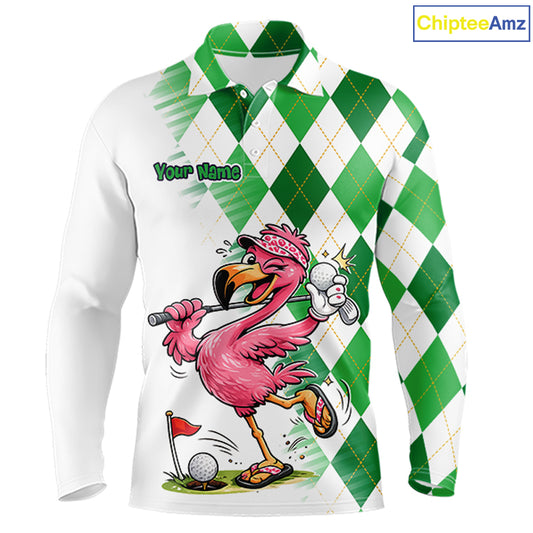 Funny Pink Flamingo Argyle Green Pattern Golf Polo Shirt Custom Golf Shirts For Men NHT651