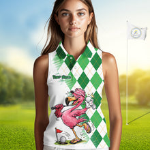 Load image into Gallery viewer, Funny Pink Flamingo Argyle Green Pattern Sleeveless Womens Golf Polo Shirt Custom Golf Shirts For Womens NHT651