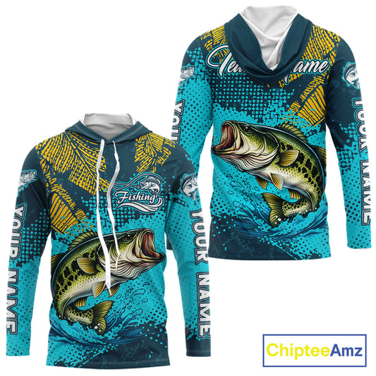 Custom Hooded Largemouth Bass Fishing Long Sleeve Tournament Shirts, Bass Fishing Shirts For Men NHT508