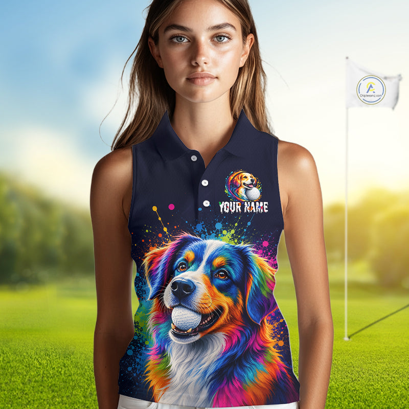 Person wearing a sleeveless shirt with a colorful dog design and 'Your Name' text on a golf course background.