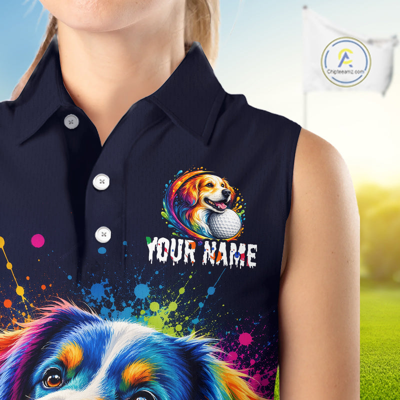 Navy blue sleeveless shirt with colorful dog design and 'Your Name' text on a blurred outdoor background