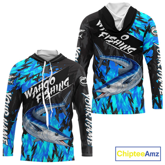 Personalized Wahoo Blue Long Sleeve Performance Fishing Shirts, Fishing Shirt For Men NHT454