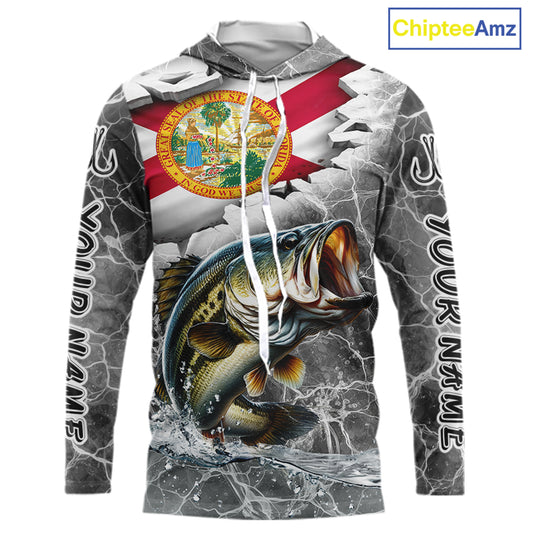 Florida Largemouth Bass Camo Gray Custom Long Sleeve Hooded Performance Fishing Shirts, Florida Flag Fishing Jerseys NHT657