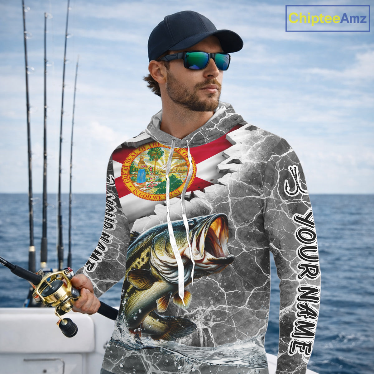 Florida Largemouth Bass Camo Gray Custom Long Sleeve Hooded Performance Fishing Shirts, Florida Flag Fishing Jerseys NHT657
