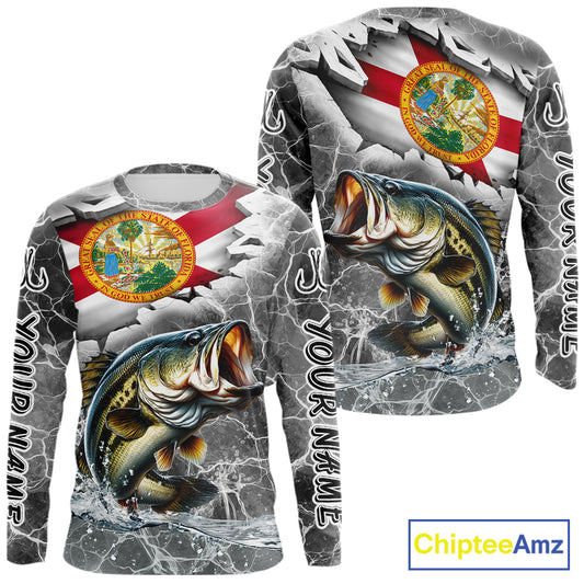 Florida Largemouth Bass Camo Gray Custom Long Sleeve Performance Fishing Shirts, Florida Flag Fishing Jerseys NHT657