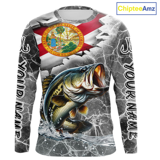Florida Largemouth Bass Camo Gray Custom Long Sleeve Performance Fishing Shirts, Florida Flag Fishing Jerseys NHT657
