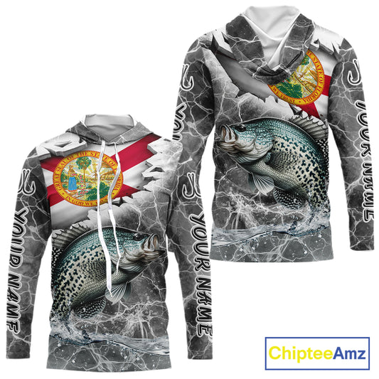 Florida Crappie Camo Gray Custom Long Sleeve Hooded Performance Fishing Shirts, Florida Flag Fishing Jerseys NHT658