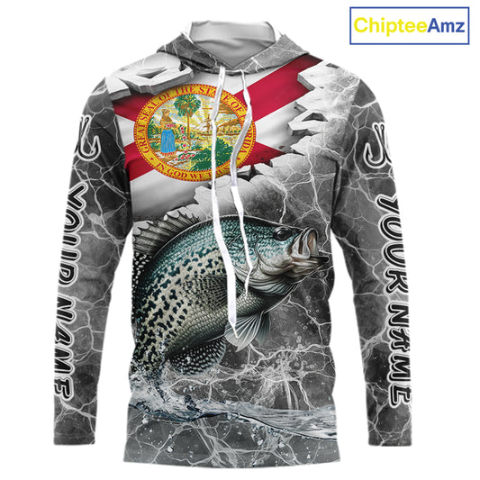 Florida Crappie Camo Gray Custom Long Sleeve Hooded Performance Fishing Shirts, Florida Flag Fishing Jerseys NHT658