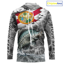 Load image into Gallery viewer, Florida Crappie Camo Gray Custom Long Sleeve Hooded Performance Fishing Shirts, Florida Flag Fishing Jerseys NHT658