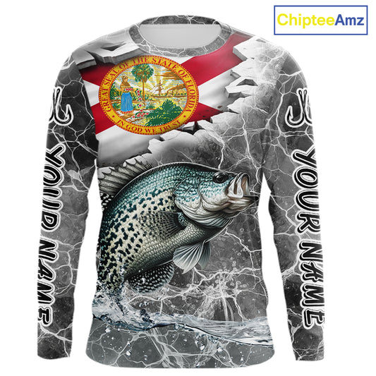 Florida Crappie Camo Gray Custom Long Sleeve Performance Fishing Shirts, Florida Flag Fishing Jerseys NHT658