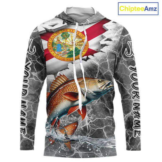 Florida Redfish Camo Gray Custom Long Sleeve Hooded Performance Fishing Shirts, Florida Flag Fishing Jerseys NHT660