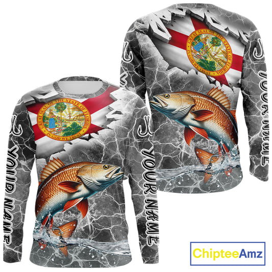 Florida Redfish Camo Gray Custom Long Sleeve Performance Fishing Shirts, Florida Flag Fishing Jerseys NHT660