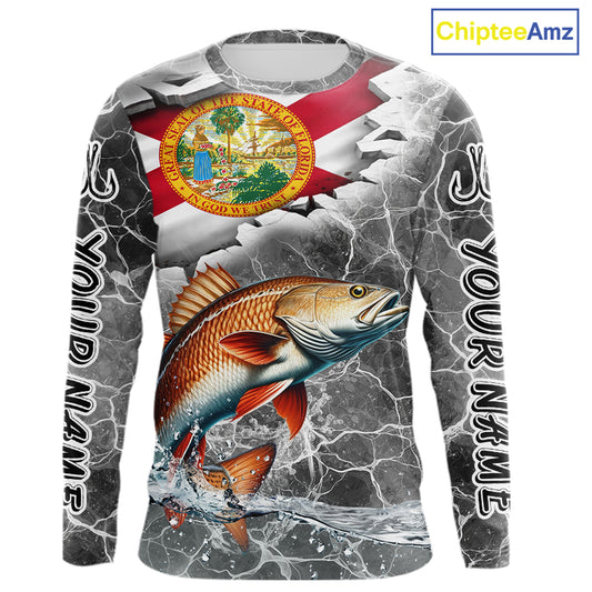 Florida Redfish Camo Gray Custom Long Sleeve Performance Fishing Shirts, Florida Flag Fishing Jerseys NHT660