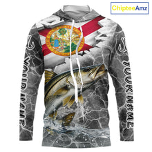 Load image into Gallery viewer, Florida Snook Camo Gray Custom Long Sleeve Hooded Performance Fishing Shirts, Florida Flag Fishing Jerseys NHT661