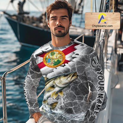 Florida Snook Camo Gray Custom Long Sleeve Performance Fishing Shirts, Florida Flag Fishing Jerseys NHT661