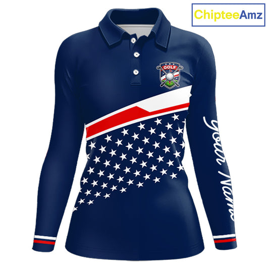 Blue Navy American Flag Womens Golf Polo Shirts Custom Patriotic Team Golf Shirts For Womens Golf Gifts NHT693